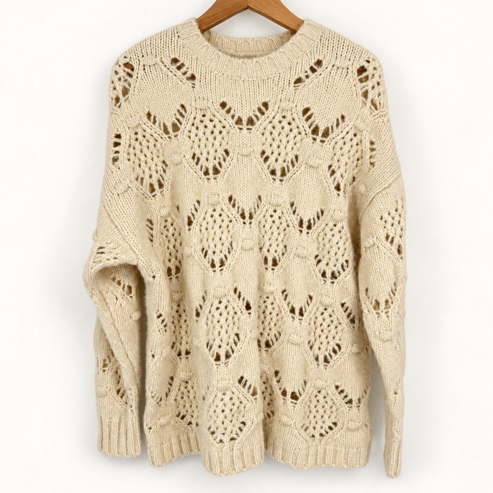 NEW American Eagle Women Small Sweater Pointelle Knit Wool Blend Cream Oversized